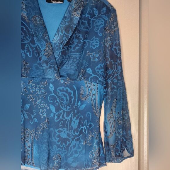 New York City M NavyUsafaBlue 100% SILK Bell Slv Lined Collar Women Blouse - Picture 5 of 12